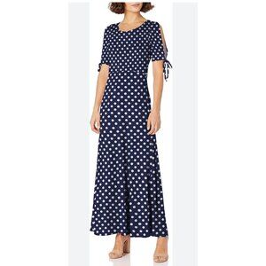 Star Vixen Womens Large Polka Dot Navy Maxi Dress Tie-Sleeves & Keyhole Back